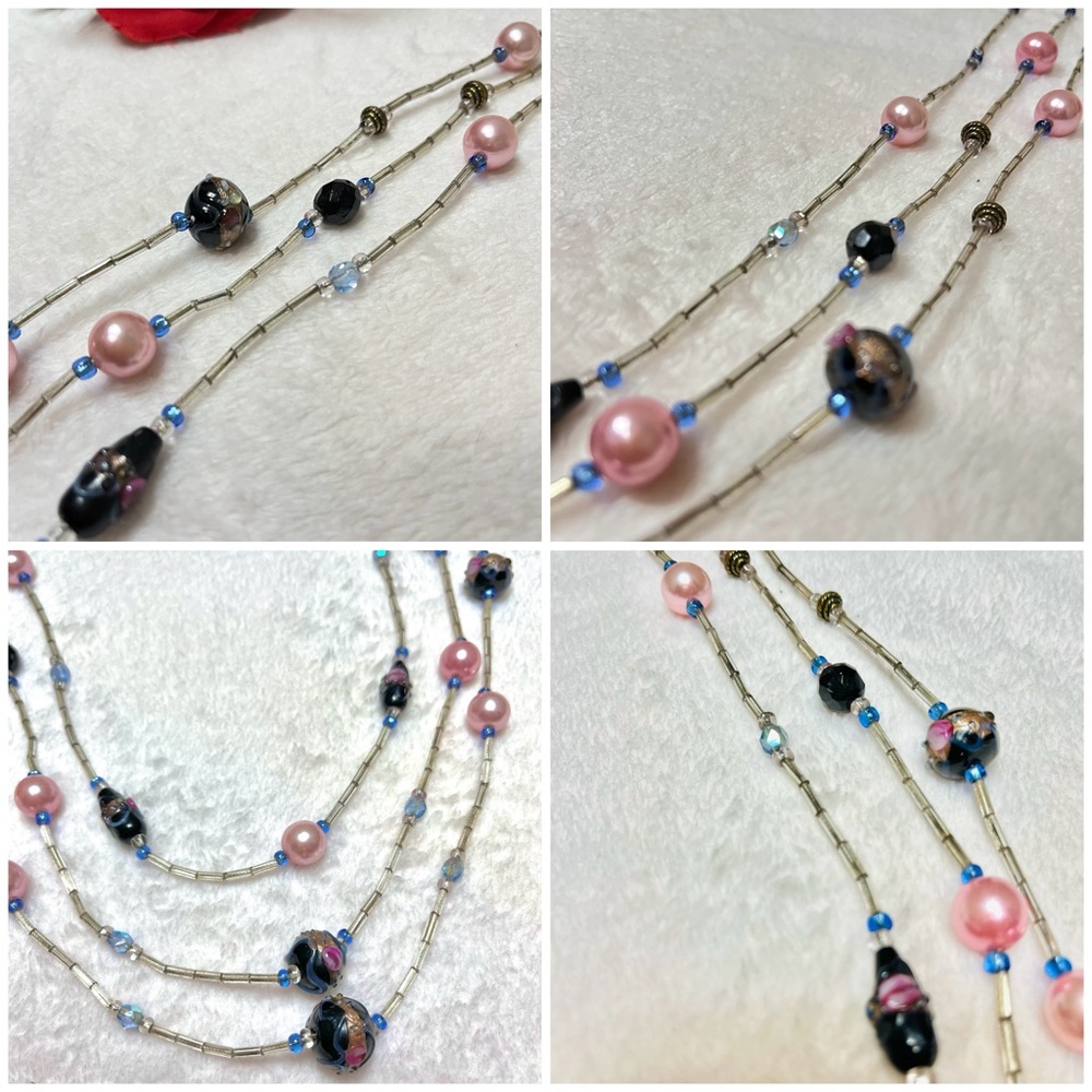 Vintage 3-strand Wedding Cake Beaded Necklace with Bugle Beads & Pink Pearls - Picture 7 of 15